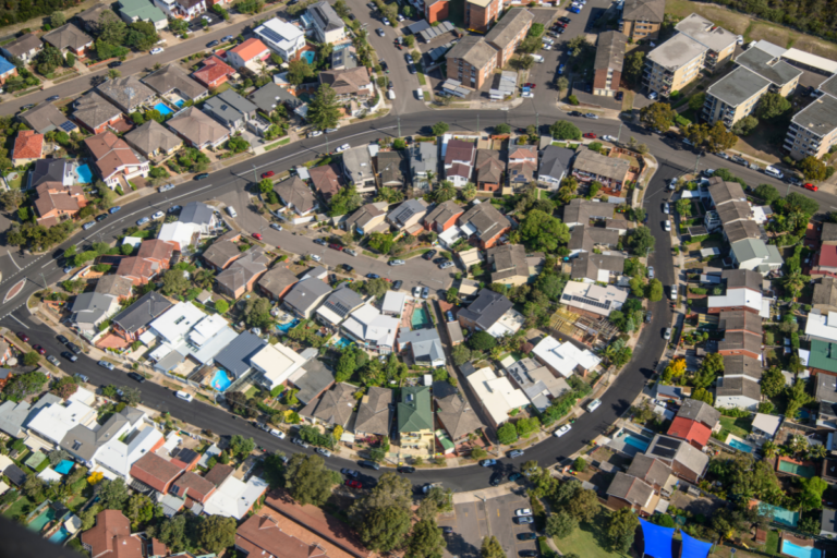 Aerial view of suburban housing